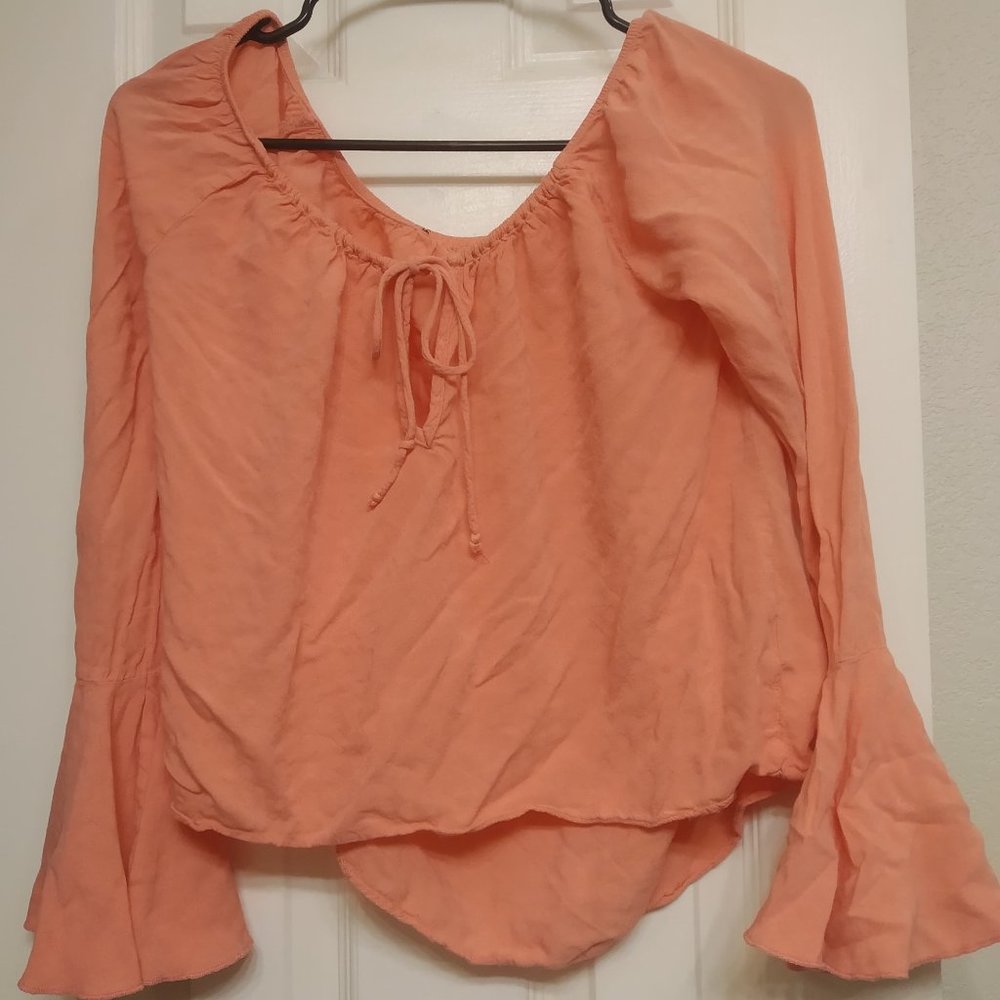 Coral Off-the-Shoulder Crop Top w/ Flared Sleeves